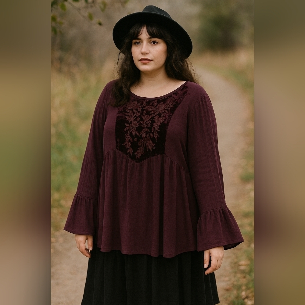 Indigo Soul Boho Top Women’s‎ Large Purple Velvet Floral Embroidered Bell Sleeve